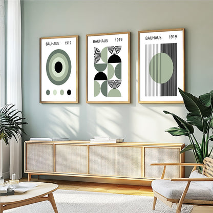 Scandinavian Bauhaus poster set in sage green, black, and white