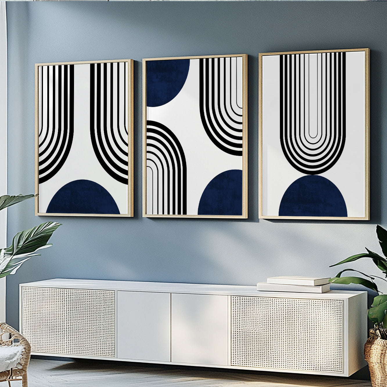 Scandinavian Bauhaus poster set in navy blue, black, and white