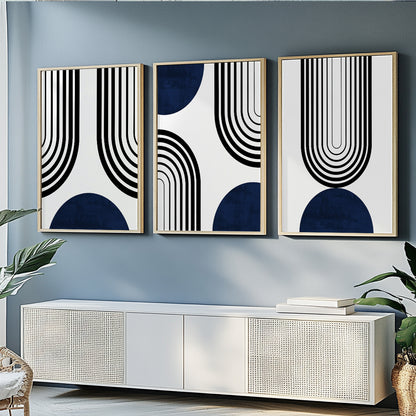 Scandinavian Bauhaus poster set in navy blue, black, and white