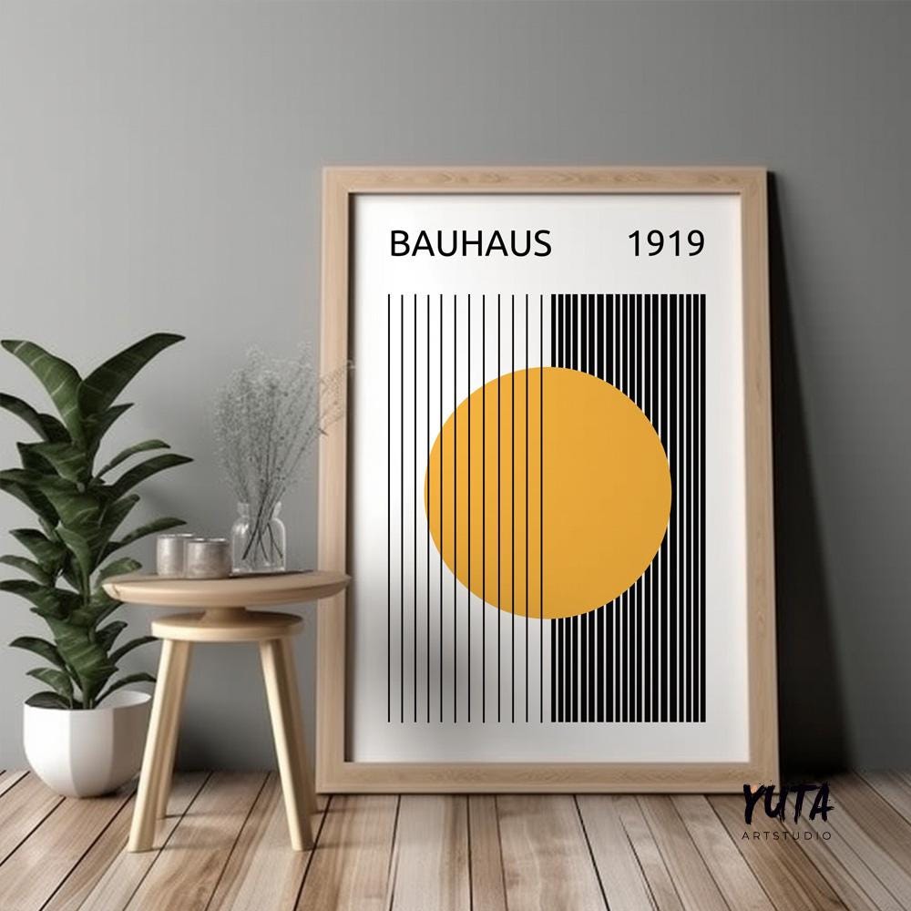 Mustard yellow black Bauhaus art. Bohemian retro trendy livingroom poster