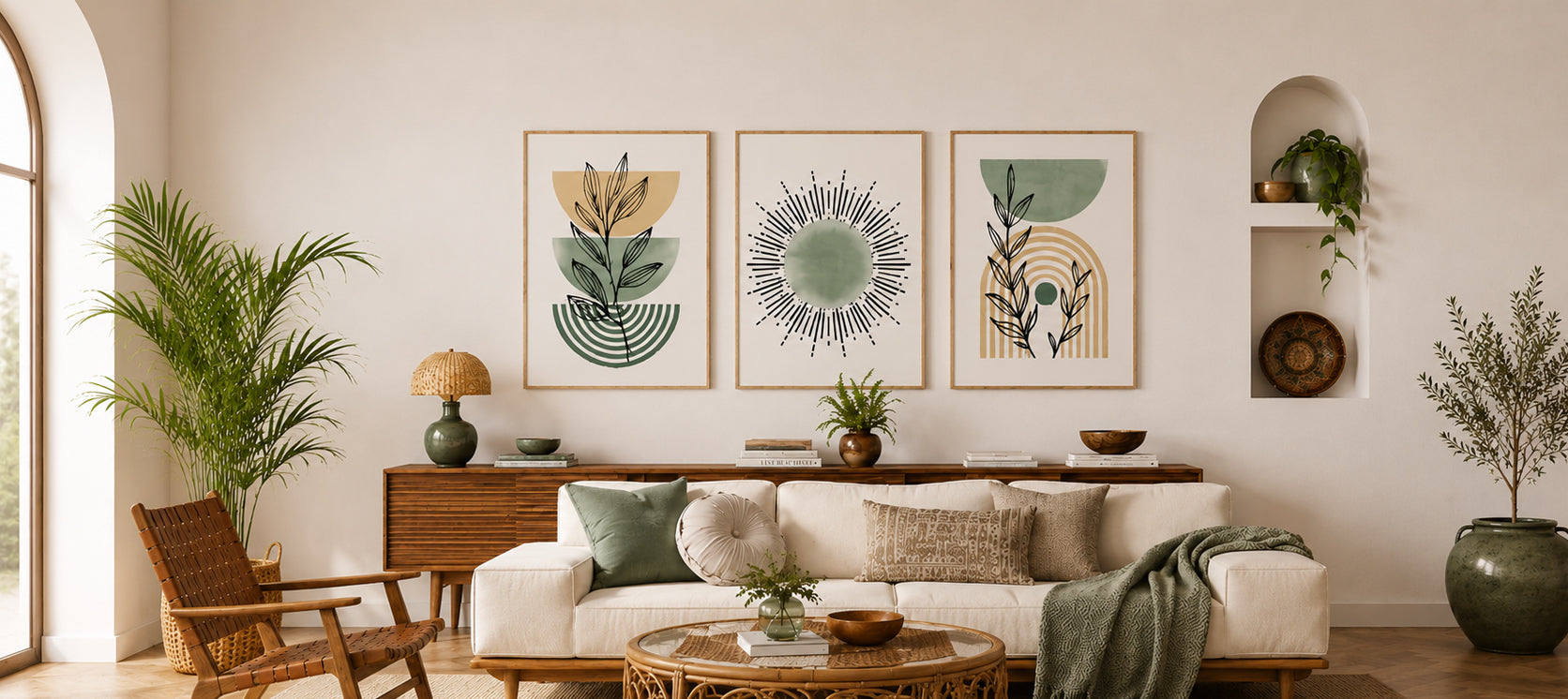 Mid-century modern wall art in bright boho living room with natural decor