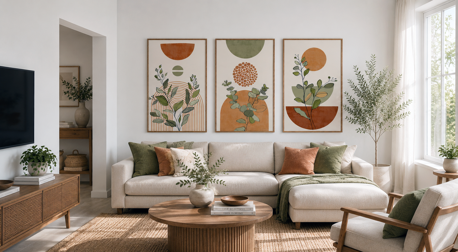 Modern botanical wall art above sofa in warm mid-century living room