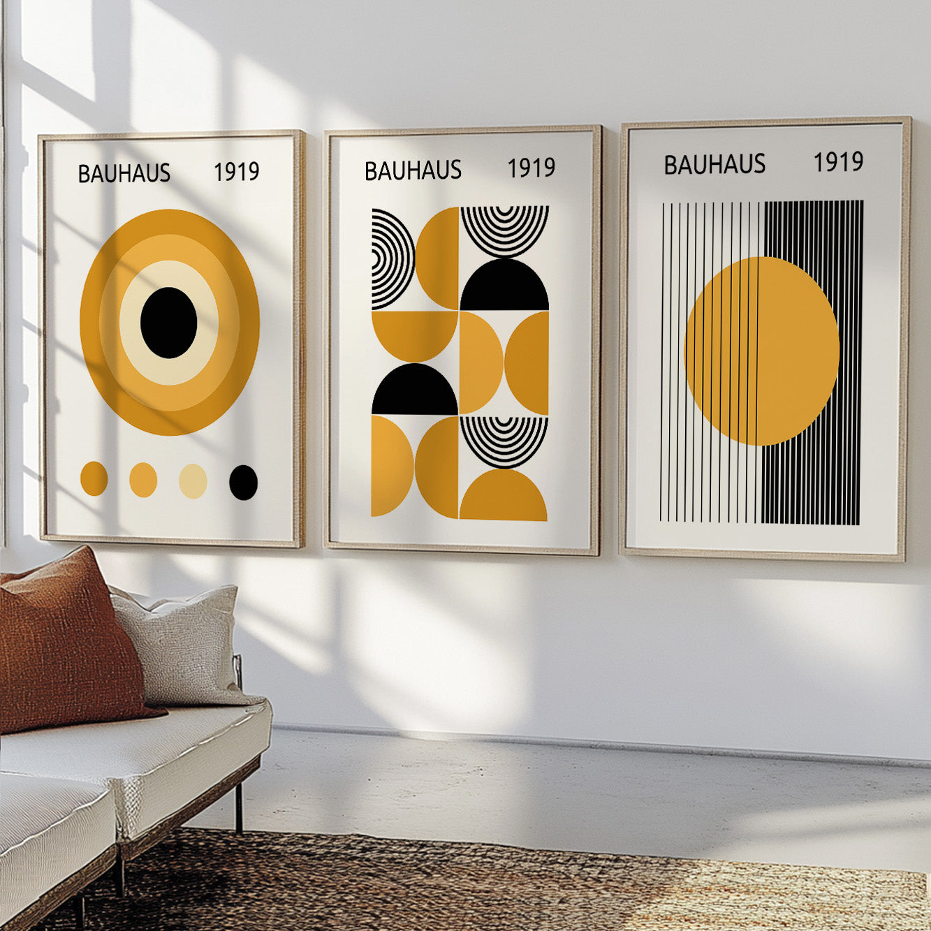 Scandinavian Bauhaus poster set in mustard yellow, black, and white