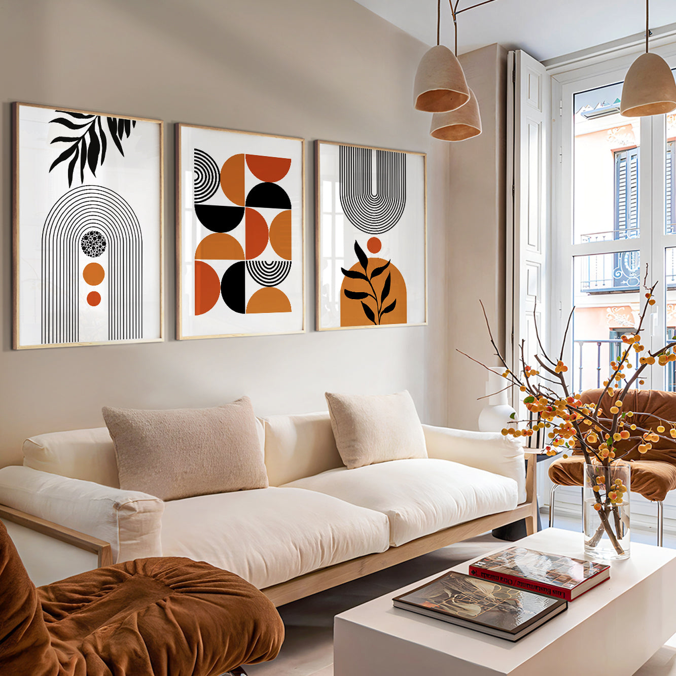 Mid-Century abstract wall art with terracotta geometric forms and bold graphic compositions