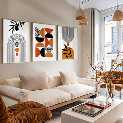 Mid-Century abstract wall art with terracotta geometric forms and bold graphic compositions