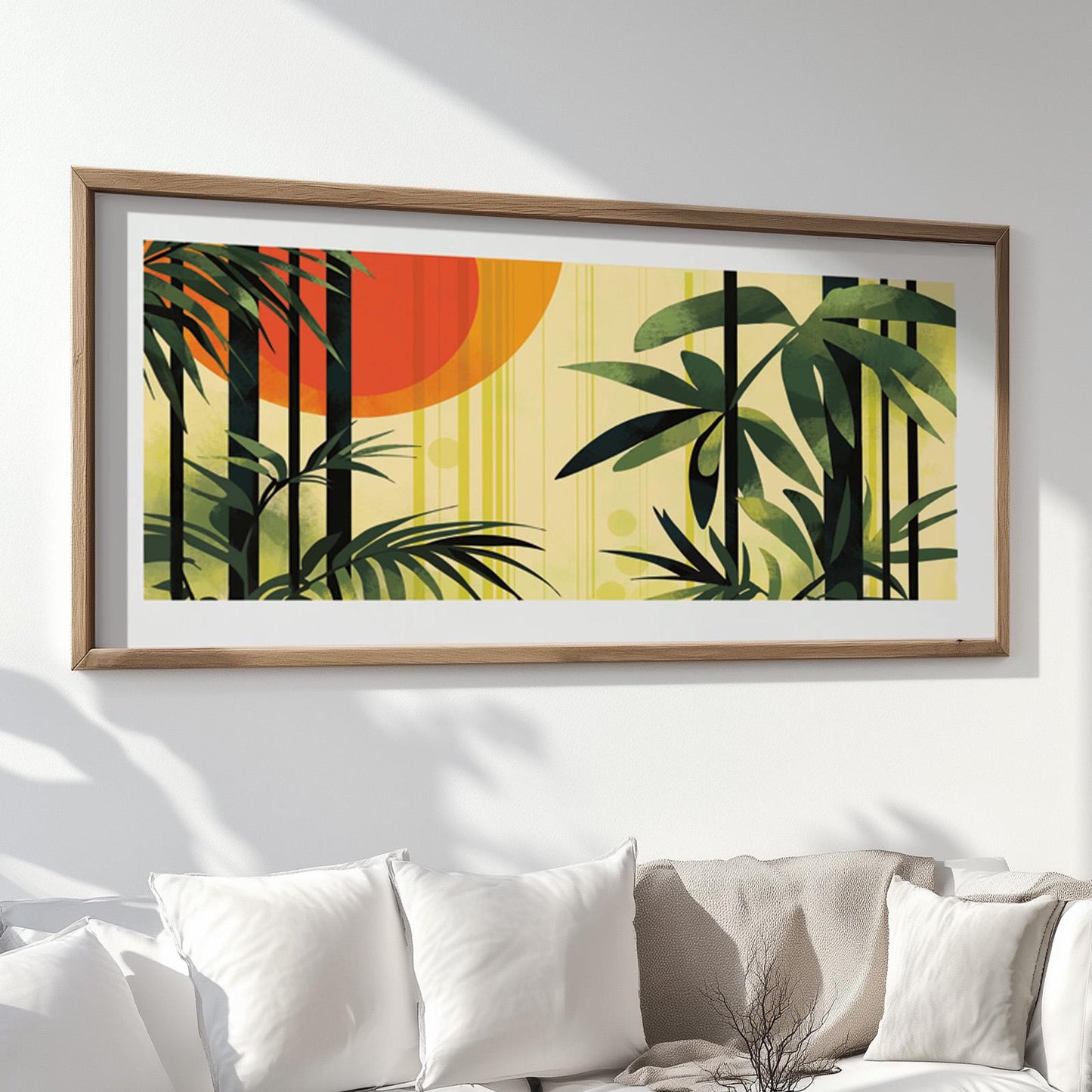 Mid century modern botanical print with stylized tropical foliage and geometric sun elements in retro colors