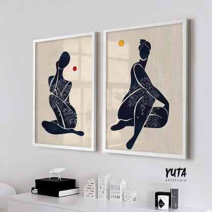 Neutral modern african american art print set of 2 black woman above bed wall art, abstract girl figures minimalist posters