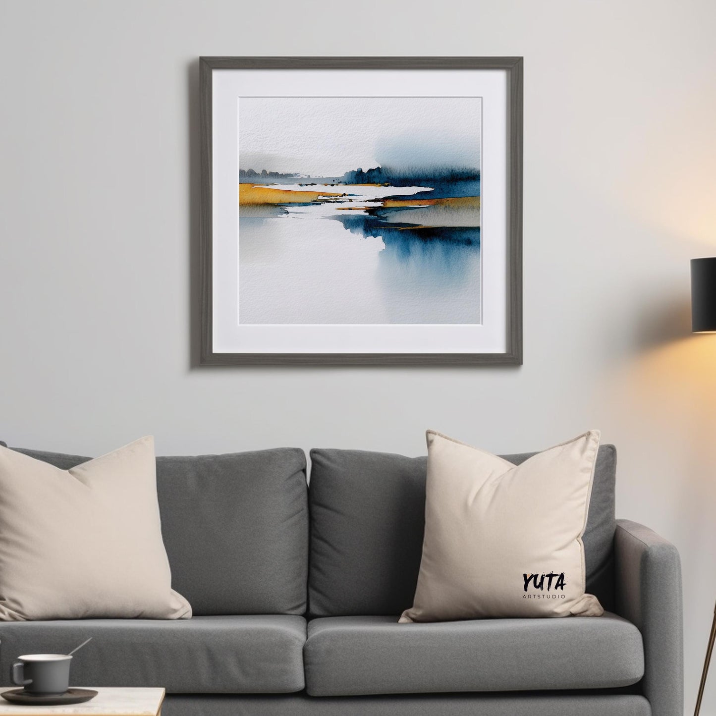Minimalist watercolor landscape painting, blue and yellow abstract wall art.
