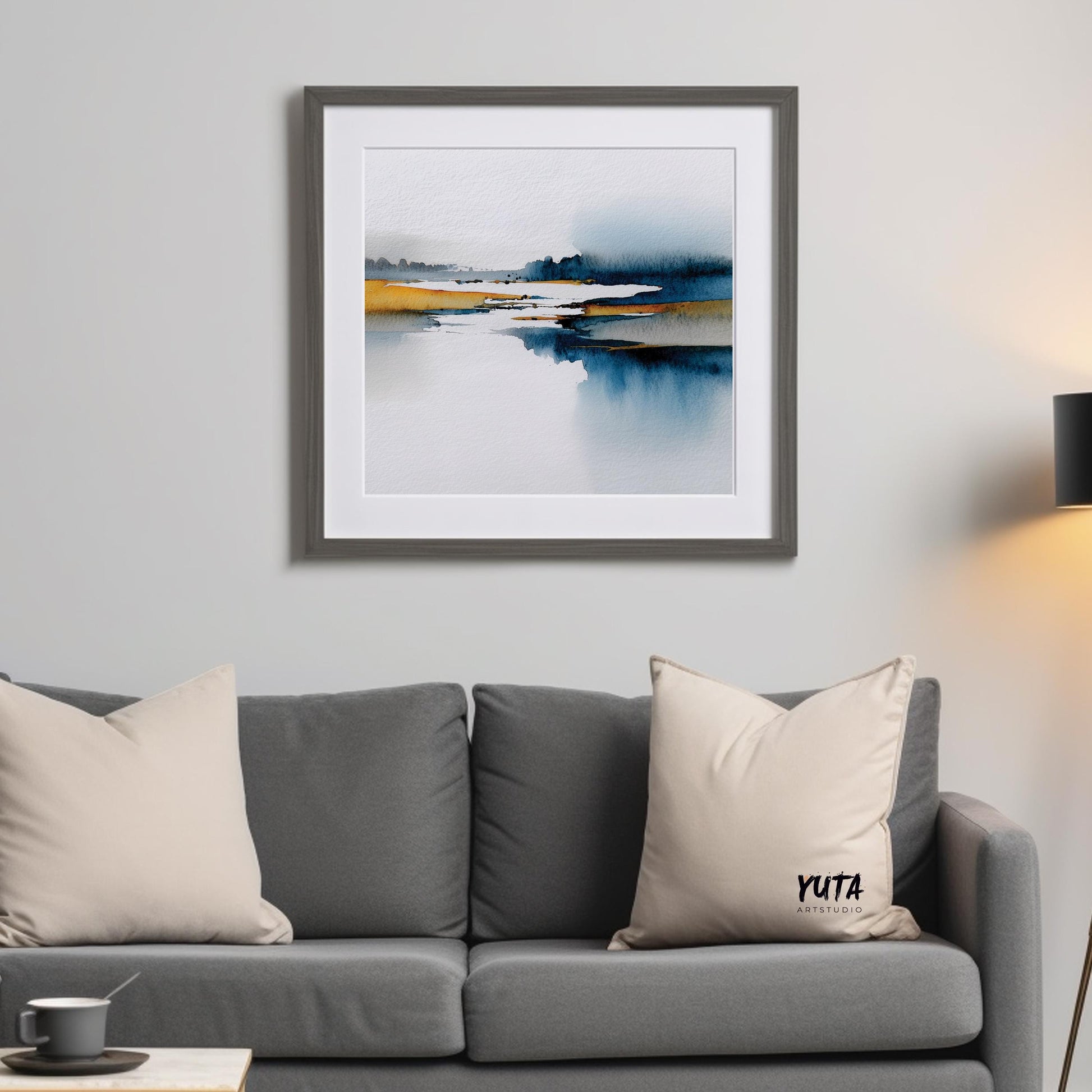 Minimalist watercolor landscape painting, blue and yellow abstract wall art.