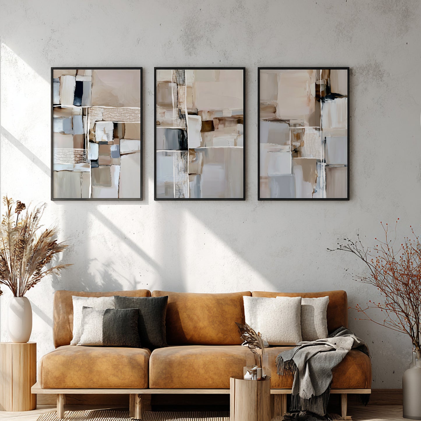 Modern abstract wall art with layered brushstrokes in taupe, cream, warm gray, and black