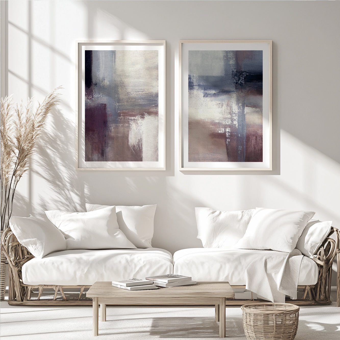 Neutral textured abstract canvas artwork with blue accents