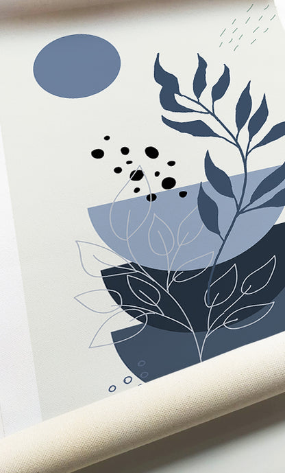 Botanical gallery wall combining dusty blue leaves with modern geometric forms