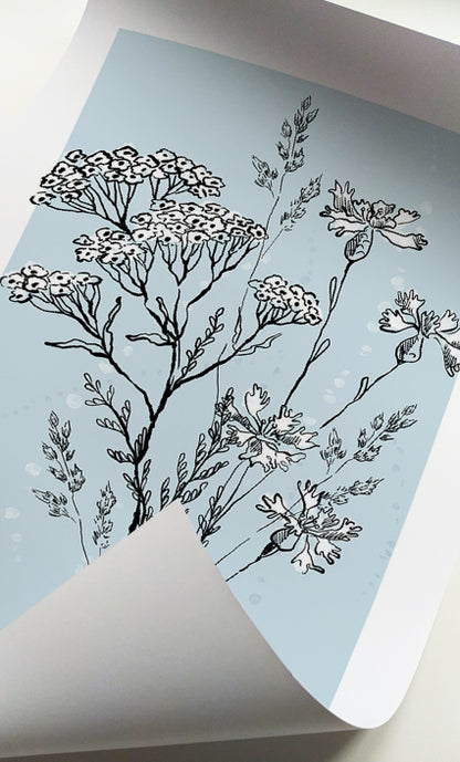 Minimalist wildflower prints on soft blue backgrounds