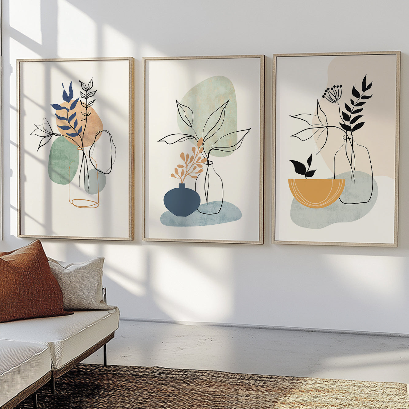 Scandinavian botanical wall art featuring contemporary floral illustrations and abstract shapes