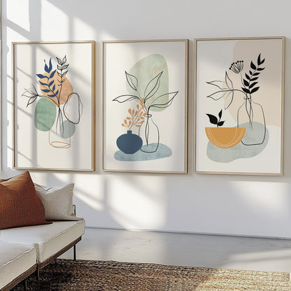 Scandinavian botanical wall art featuring contemporary floral illustrations and abstract shapes