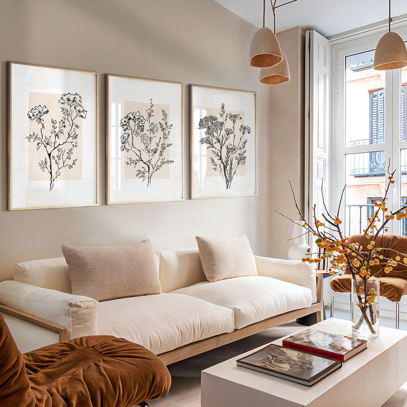 Minimalist floral line art prints with soft beige accents