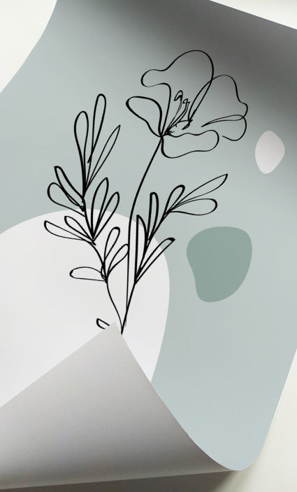 Minimalist botanical artwork featuring elegant line drawings and calming sage green accents