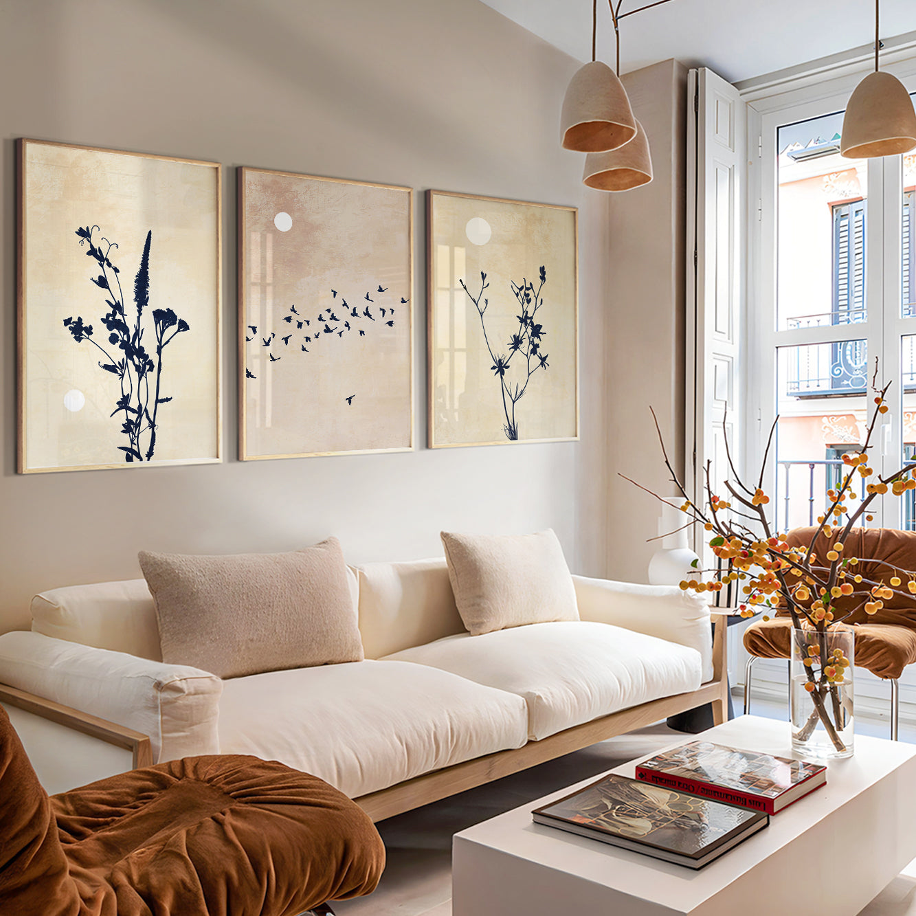 Minimalist botanical prints with delicate meadow flowers and elegant bird silhouettes
