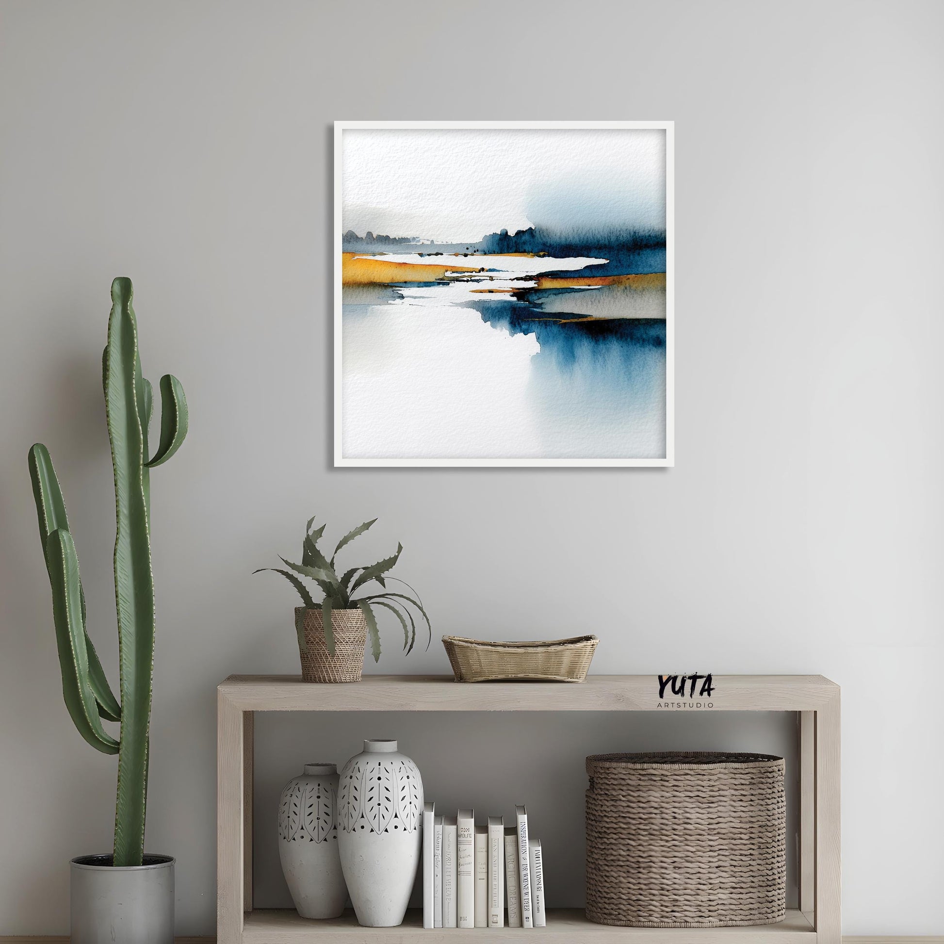 Modern watercolor wall art featuring blue, mustard, and soft white tones.