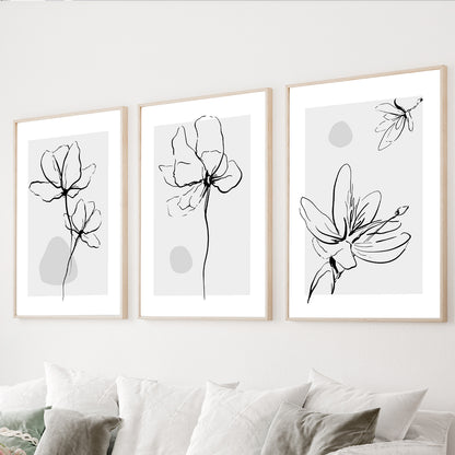 Minimalist floral line art set of 3 with black botanical illustrations