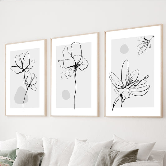 Minimalist floral line art set of 3 with black botanical illustrations