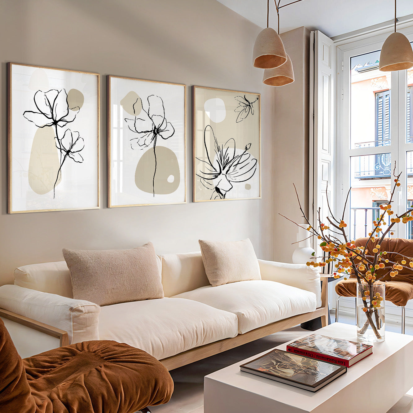 Beige minimalist flower wall art with abstract organic shapes