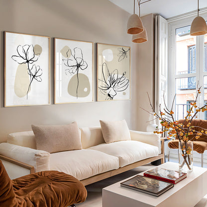 Beige minimalist flower wall art with abstract organic shapes