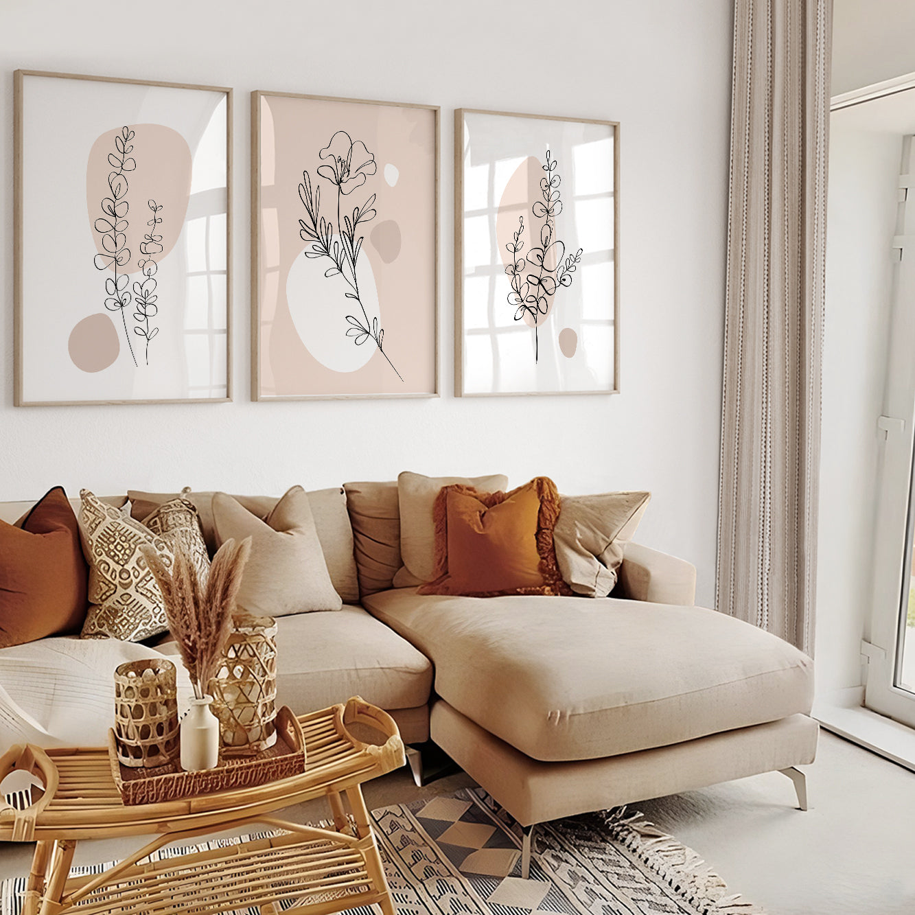 Minimalist botanical artwork featuring elegant flowers with soft blush and beige accents