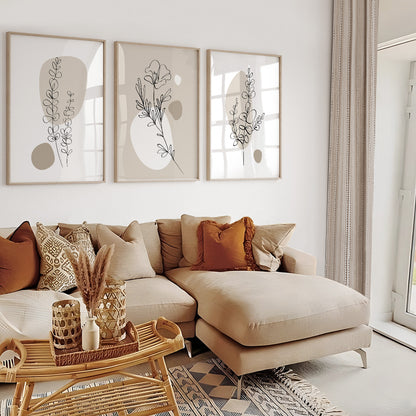Beige floral wall art set with delicate botanical line drawings for modern interiors