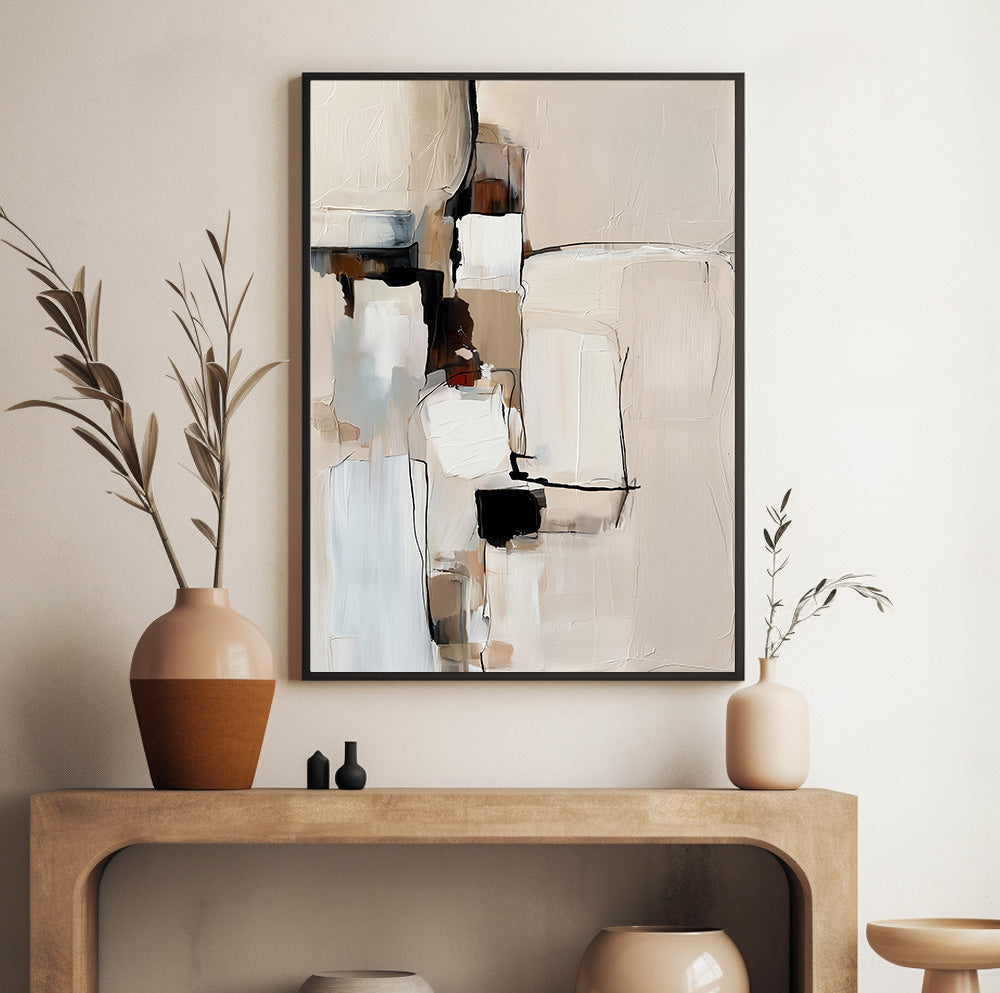 Minimalist geometric wall art triptych featuring soft neutral shapes outlined with expressive black lines.