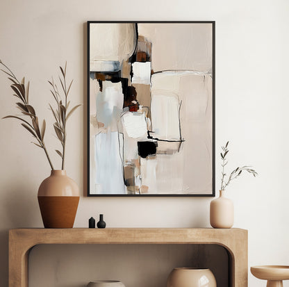 Minimalist geometric wall art triptych featuring soft neutral shapes outlined with expressive black lines.
