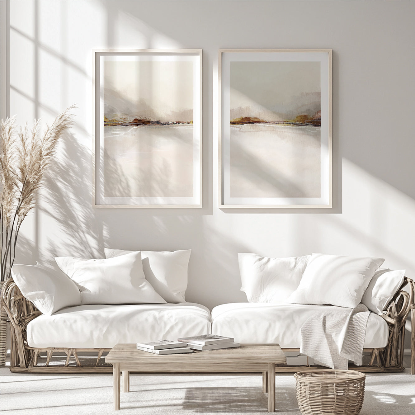 Minimalist beige landscape diptych featuring abstract lake reflections