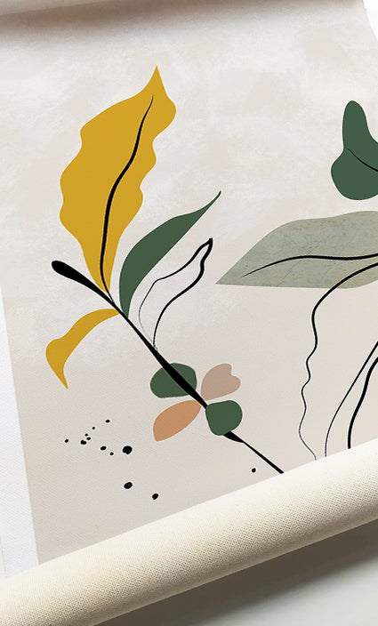 Minimalist botanical gallery wall featuring abstract leaves in warm neutral tones