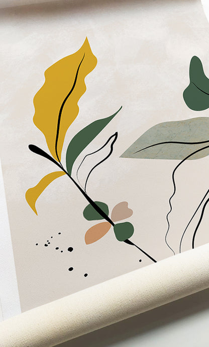 Minimalist botanical gallery wall featuring abstract leaves in warm neutral tones