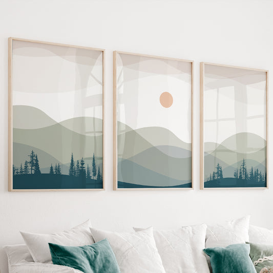 Minimalist mountain wall art set of 3 featuring abstract layered landscapes in soft sage green and blue-gray tones