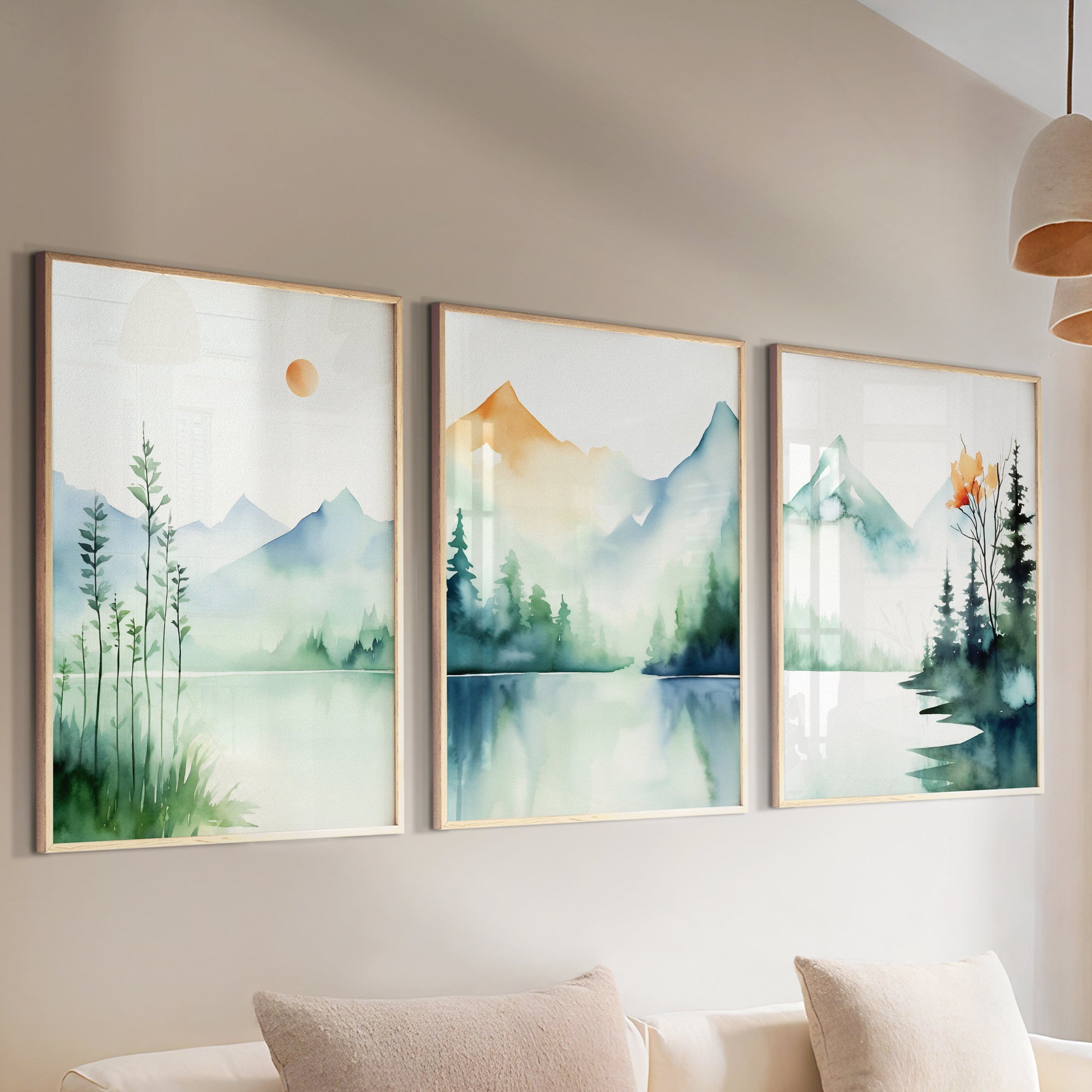 Minimalist mountain wall art set with soft watercolor landscapes