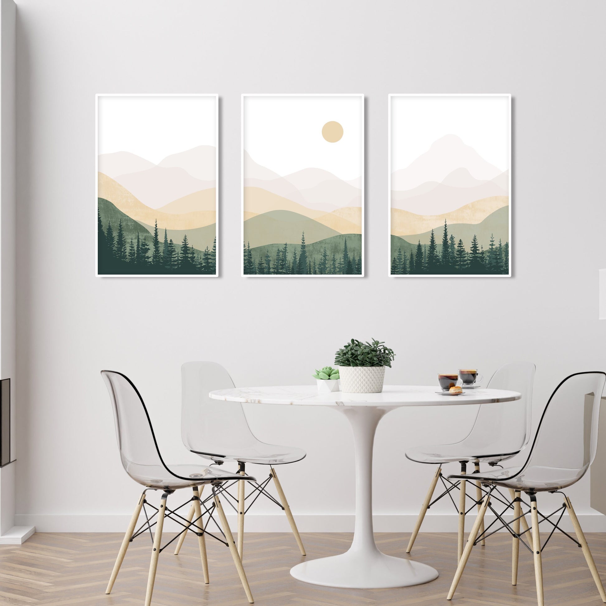 Neutral green beige abstract mountains set of 3 prints. Mid century modern minimalist nature room decor aesthetic boho gallery wall set