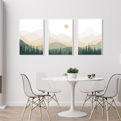 Neutral green beige abstract mountains set of 3 prints. Mid century modern minimalist nature room decor aesthetic boho gallery wall set
