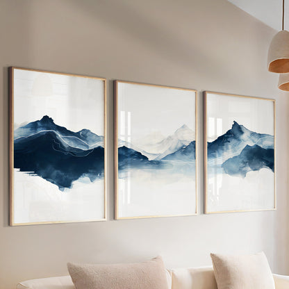 Navy blue abstract mountain set of 3 prints. Modern minimalist landscape gallery wall set.  Nature 3 piece wall art, blue nordic print