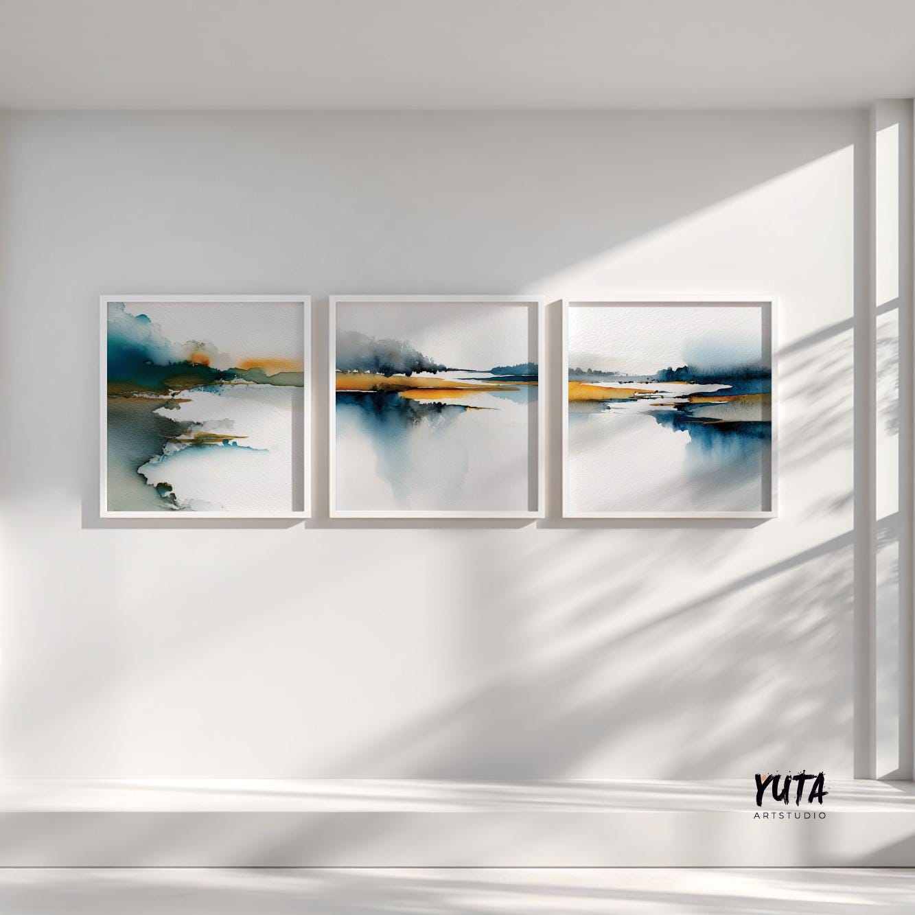 Modern abstract artwork featuring horizontal landscape forms and soft watercolor blending
