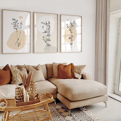 Minimalist wildflower prints designed with elegant botanical line art and soft earthy colors