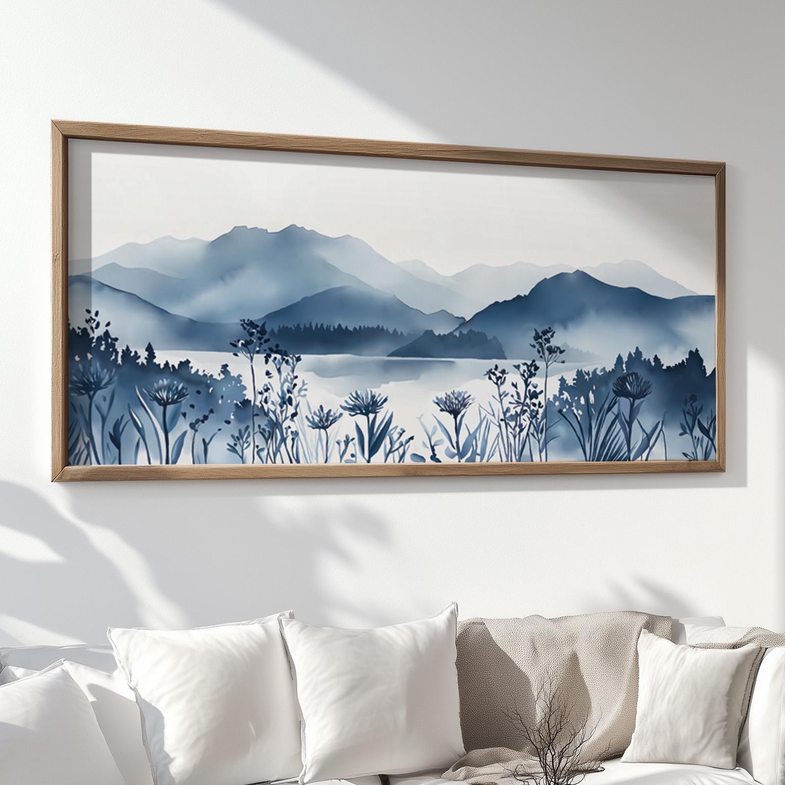 Wide horizontal landscape print with navy blue mountains, wildflowers, and natural wood frame