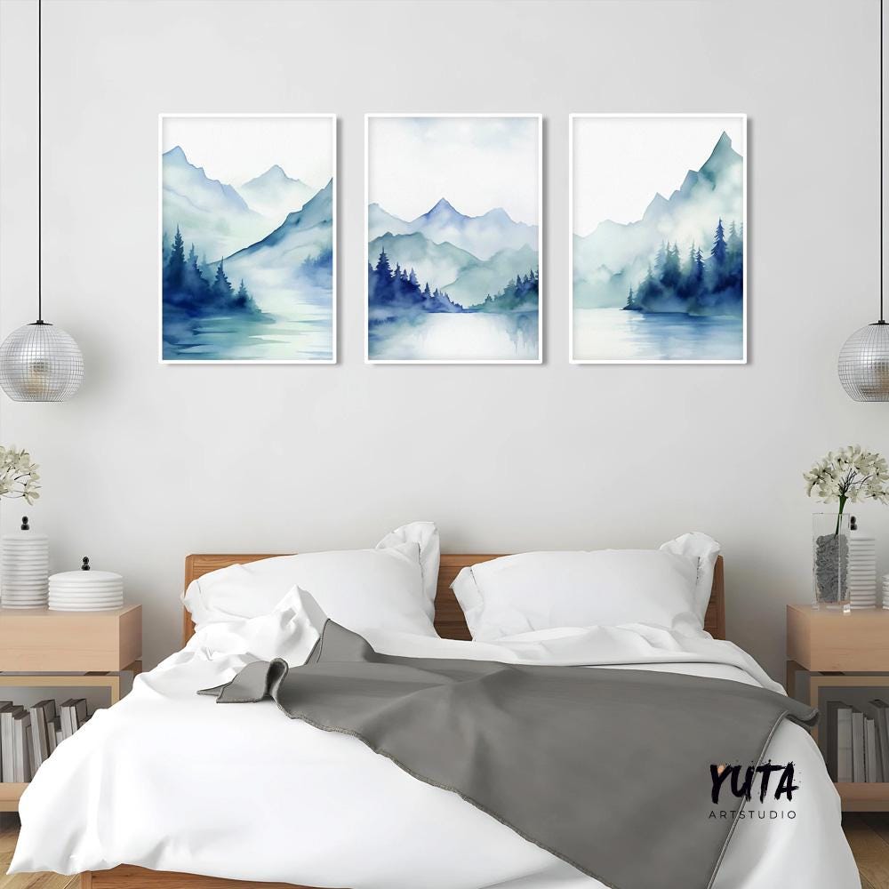 Navy blue mountain set of 3 prints. Modern watercolor minimalist landscape gallery wall set.  Nature 3 piece wall art, nordic abstract print