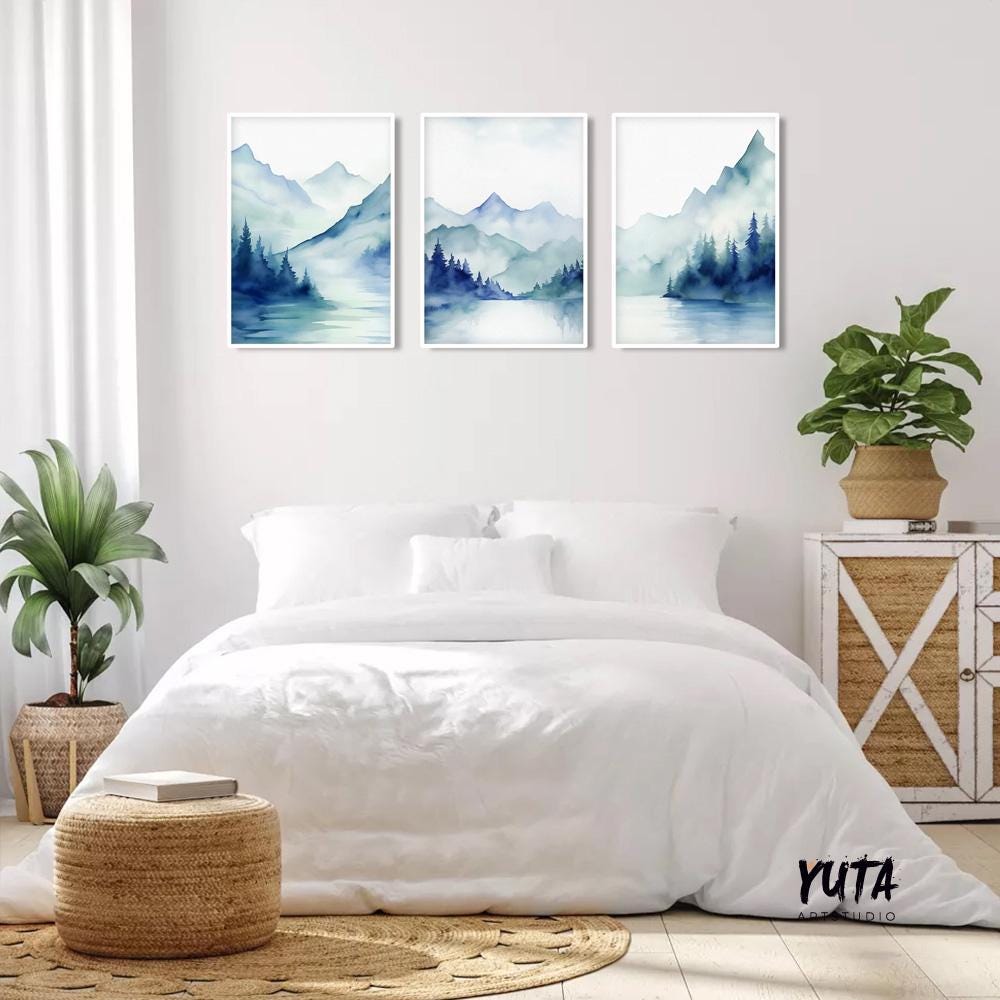 Navy blue mountain set of 3 prints. Modern watercolor minimalist landscape gallery wall set.  Nature 3 piece wall art, nordic abstract print