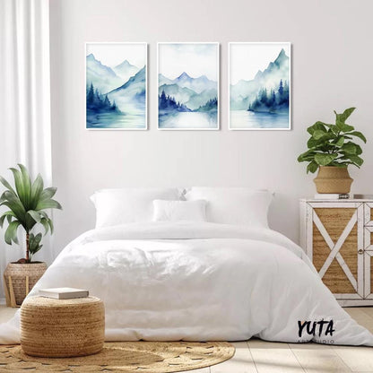 Navy blue mountain set of 3 prints. Modern watercolor minimalist landscape gallery wall set.  Nature 3 piece wall art, nordic abstract print