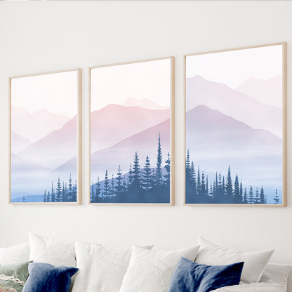 Misty mountain wall art set with layered blue mountains and pine forest silhouettes