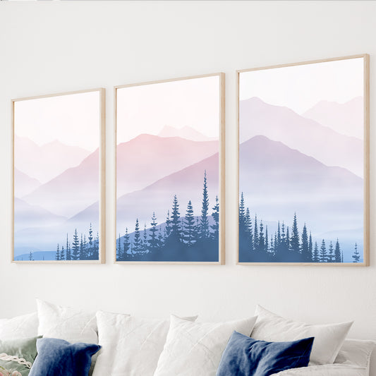 Misty mountain wall art set with layered blue mountains and pine forest silhouettes