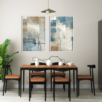 Modern abstract wall art with layered blue and beige tones, textured brushwork and elegant line art elements