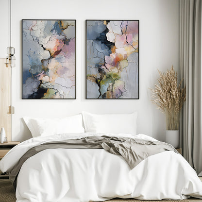 Modern abstract wall art duo with layered organic textures in blue grey, pink, beige and soft neutral tones.