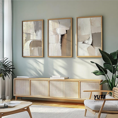 Modern abstract wall art featuring soft neutral tones, layered textures and elegant organic forms